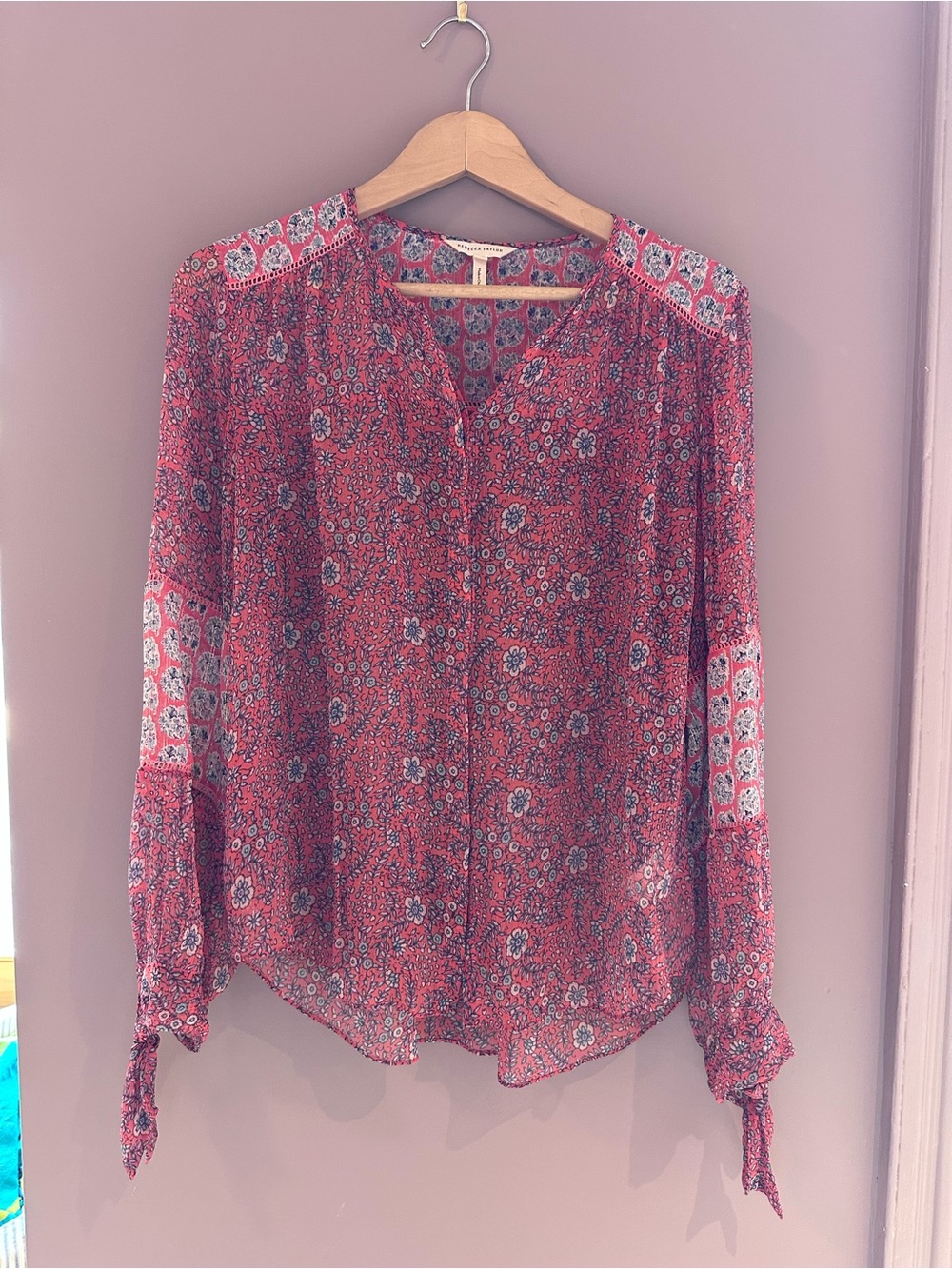 Rebecca Taylor 100% Silk Floral Tie-Sleeve Peasant Blouse
